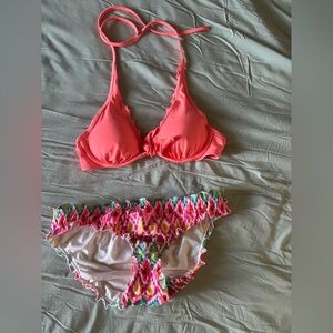 Victoria's Secret Coral Pink Halter 32 B Bikini top w Multicolor small Bottoms
